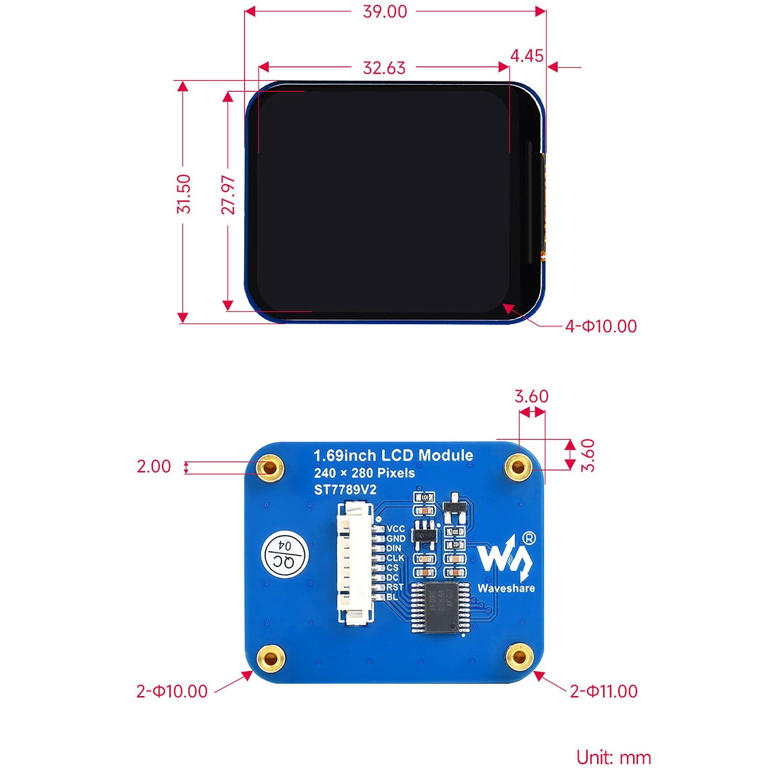 1.69" LCD Display Module (240x280) by Waveshare - The Pi Hut