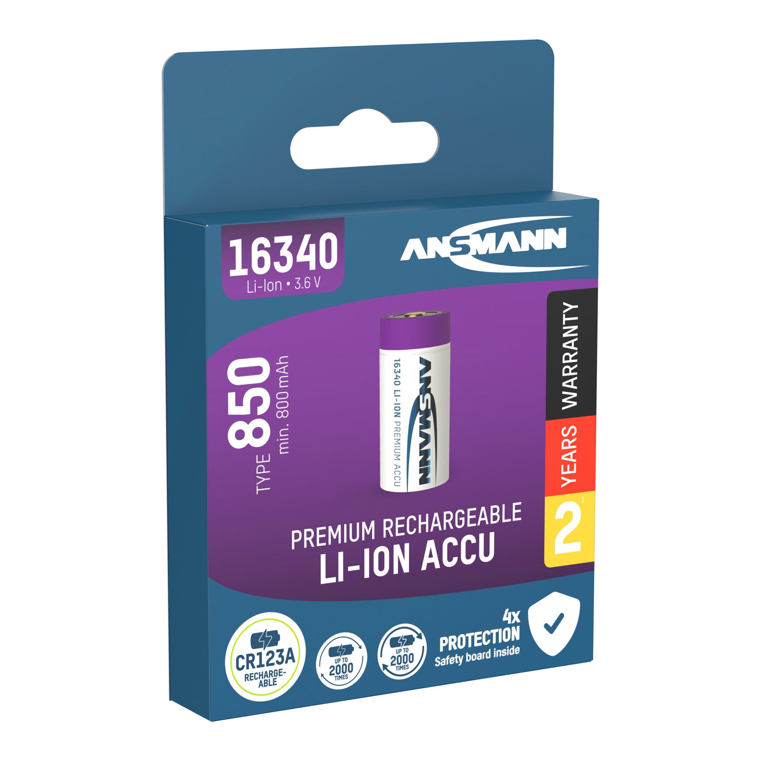16340 Rechargeable Protected Lithium-ion Battery (3.6V, 850mAh) by ANSMANN - The Pi Hut