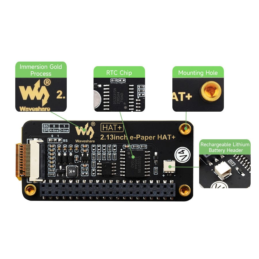 2.13" E-Paper HAT+ for Raspberry Pi (Black/White) (250x122) by Waveshare - The Pi Hut