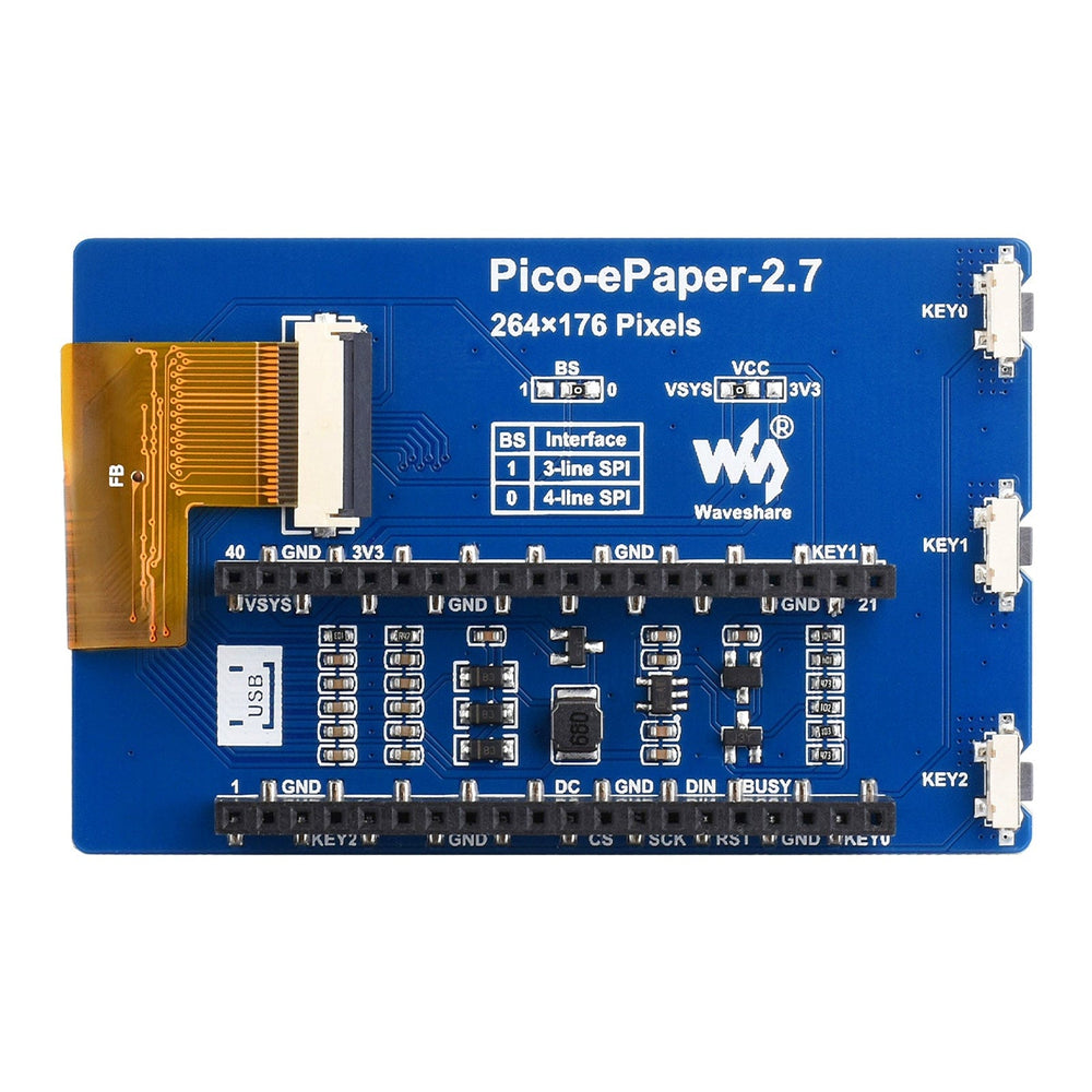 2.7" E-Paper Display Module for Raspberry Pi Pico (264 x 176) by Waveshare - The Pi Hut