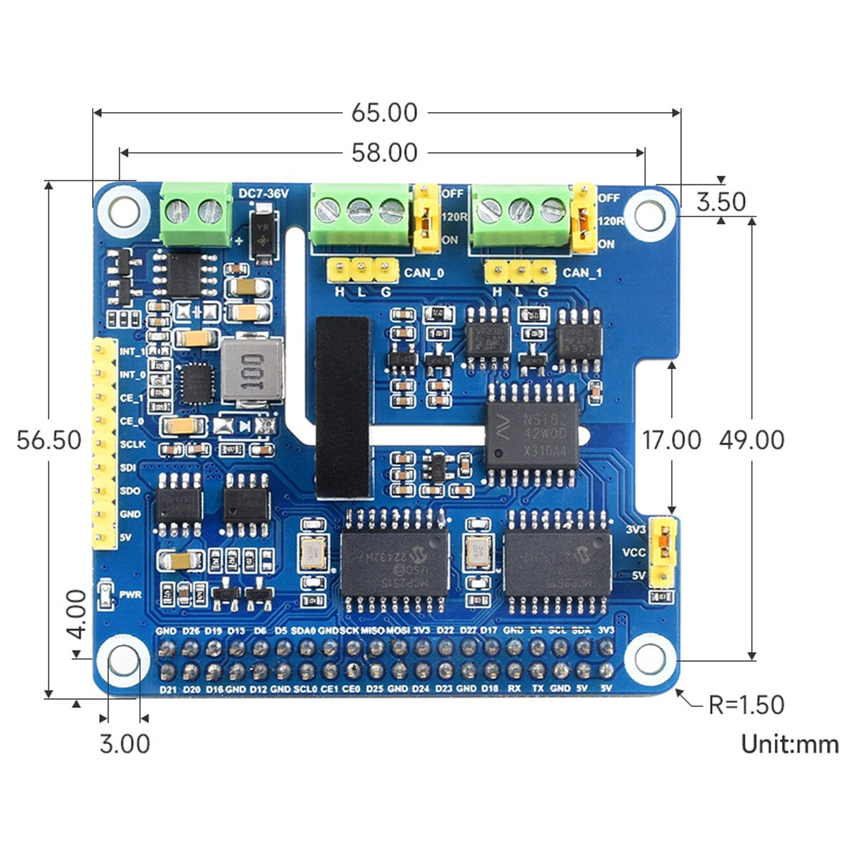 2-Channel Isolated CAN Bus Expansion HAT For Raspberry Pi by Waveshare - The Pi Hut