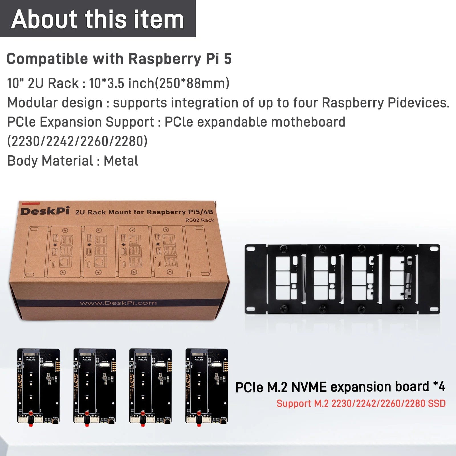 2U 10" Rack Mount with 4x PCIe NVMe Boards for DeskPi RackMate by DeskPi - The Pi Hut
