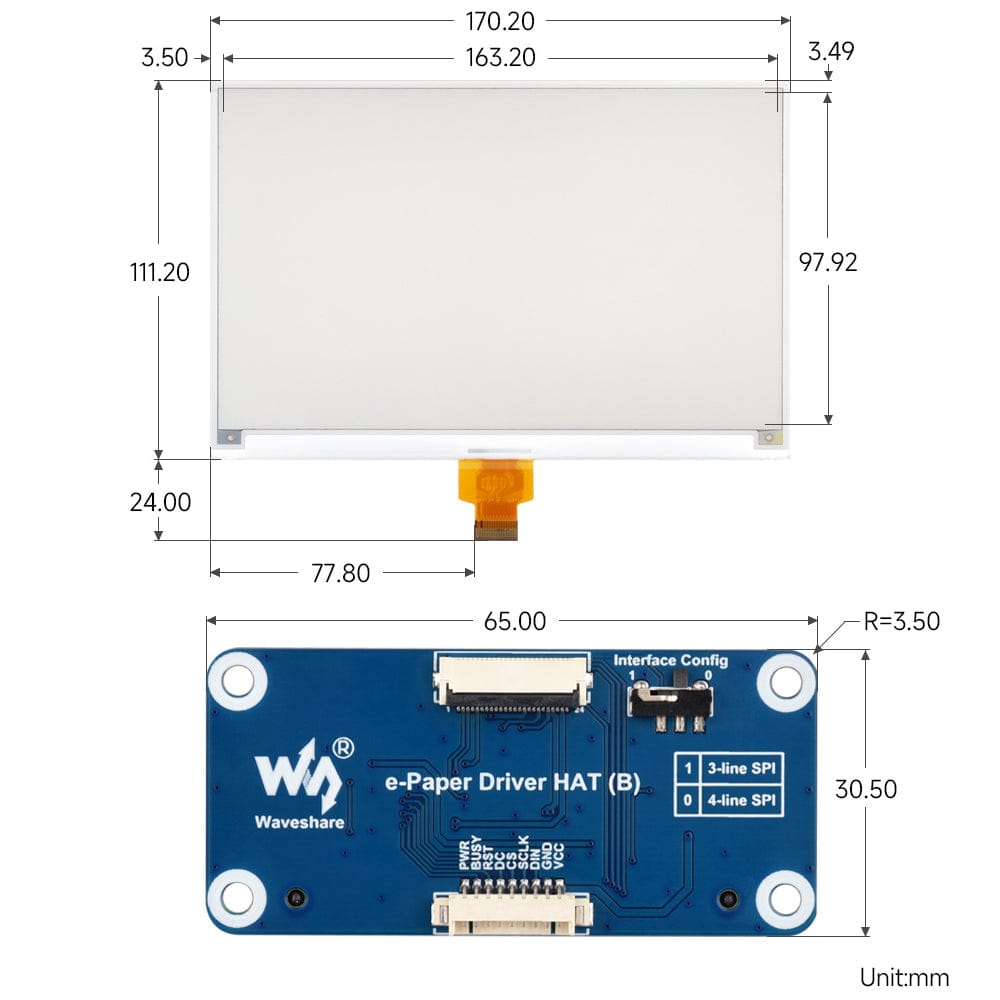7.5" Four-Colour ePaper Display (H) with Driver HAT for Raspberry Pi by Waveshare - The Pi Hut
