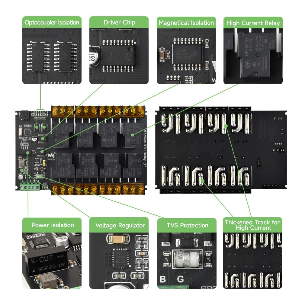 8-Channel Modbus RTU Relay Module (E) with RS-485 Interface by Waveshare - The Pi Hut