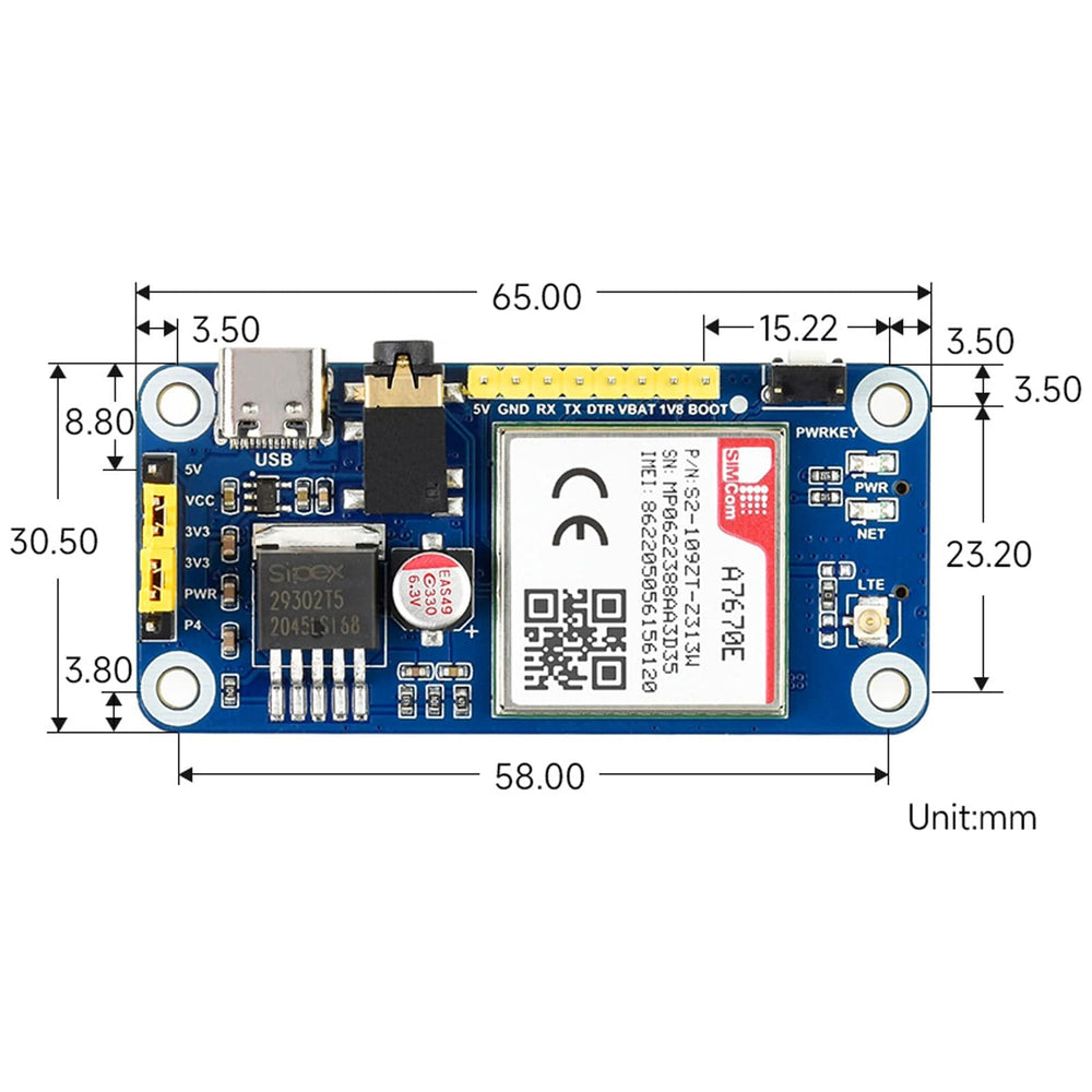A7670E LTE Cat-1 HAT for Raspberry Pi (2G/GSM/GPRS) by Waveshare - The Pi Hut