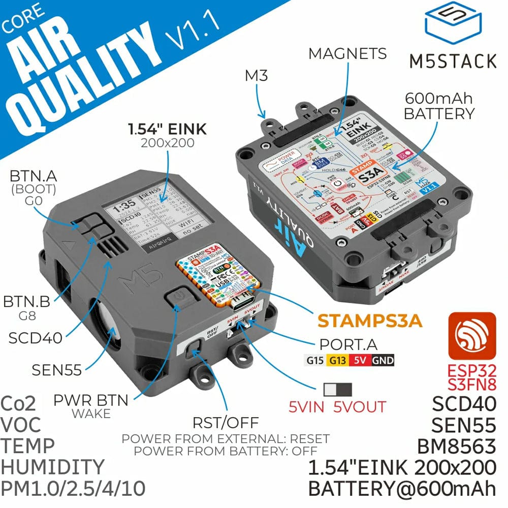 Air Quality Kit v1.1 with M5StampS3A (SEN55, SCD40) by M5Stack - The Pi Hut