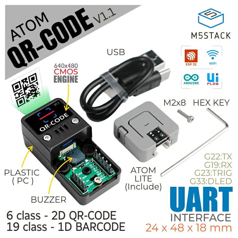 ATOM 2D/1D Barcode Scanner Kit v1.1 by M5Stack - The Pi Hut