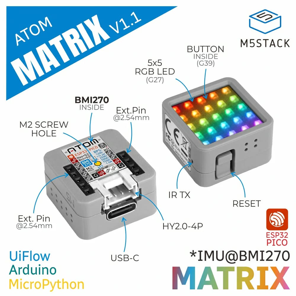 ATOM Matrix ESP32 Dev Kit v1.1 by M5Stack - The Pi Hut