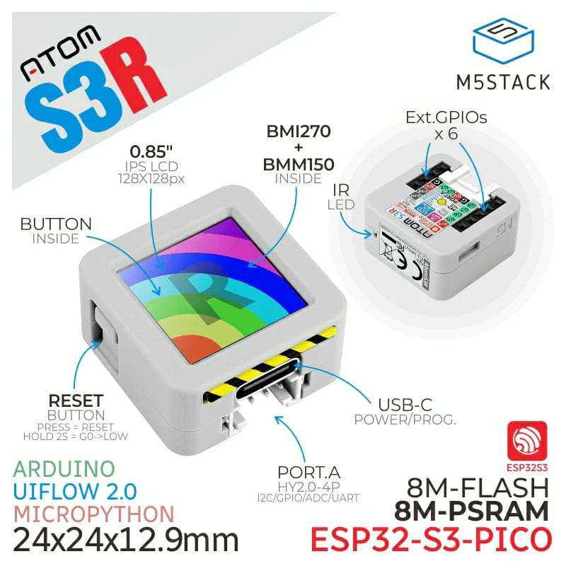 ATOM S3R Development Kit with 0.85" Display (8MB PSRAM) by M5Stack - The Pi Hut
