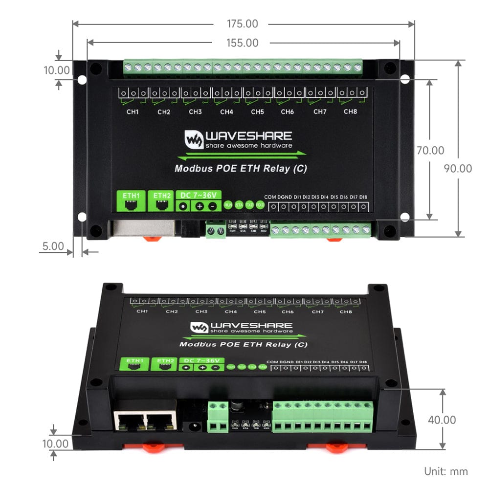 Dual Ethernet PoE 8-Channel Modbus Relay Module by Waveshare - The Pi Hut