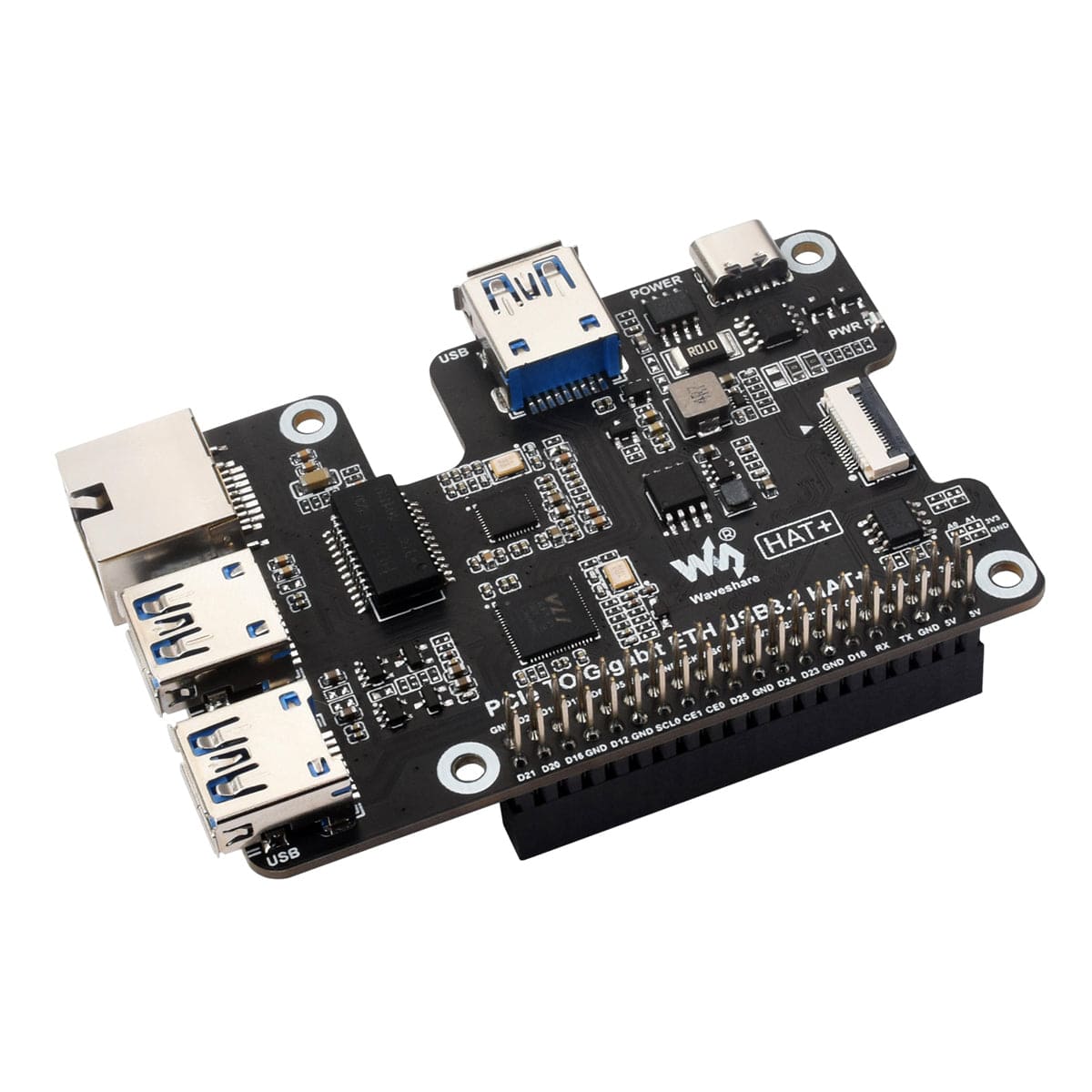 Gigabit Ethernet + 3x USB 3.2 PCIe HAT+ for Raspberry Pi 5 by Waveshare - The Pi Hut