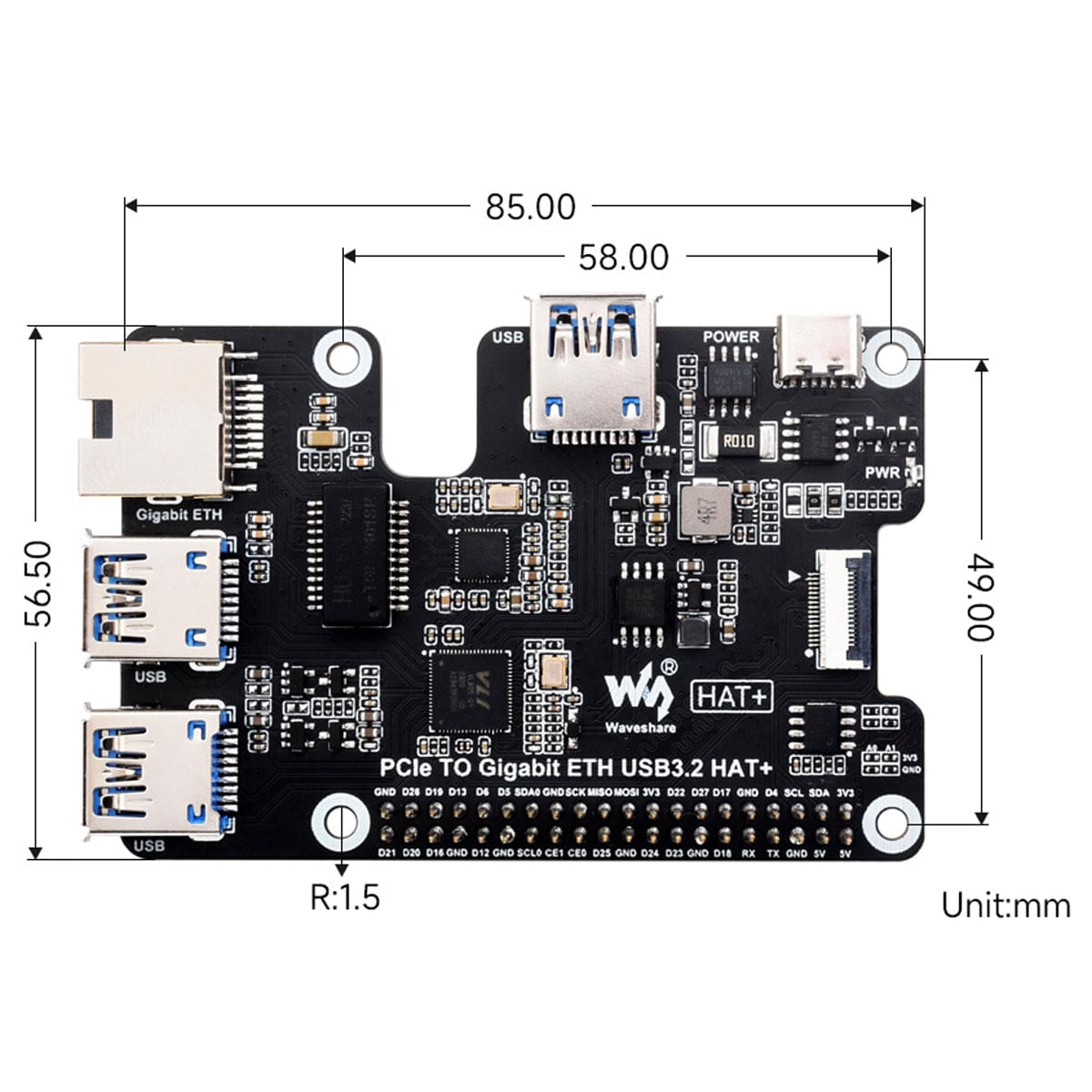 Gigabit Ethernet + 3x USB 3.2 PCIe HAT+ for Raspberry Pi 5 by Waveshare - The Pi Hut