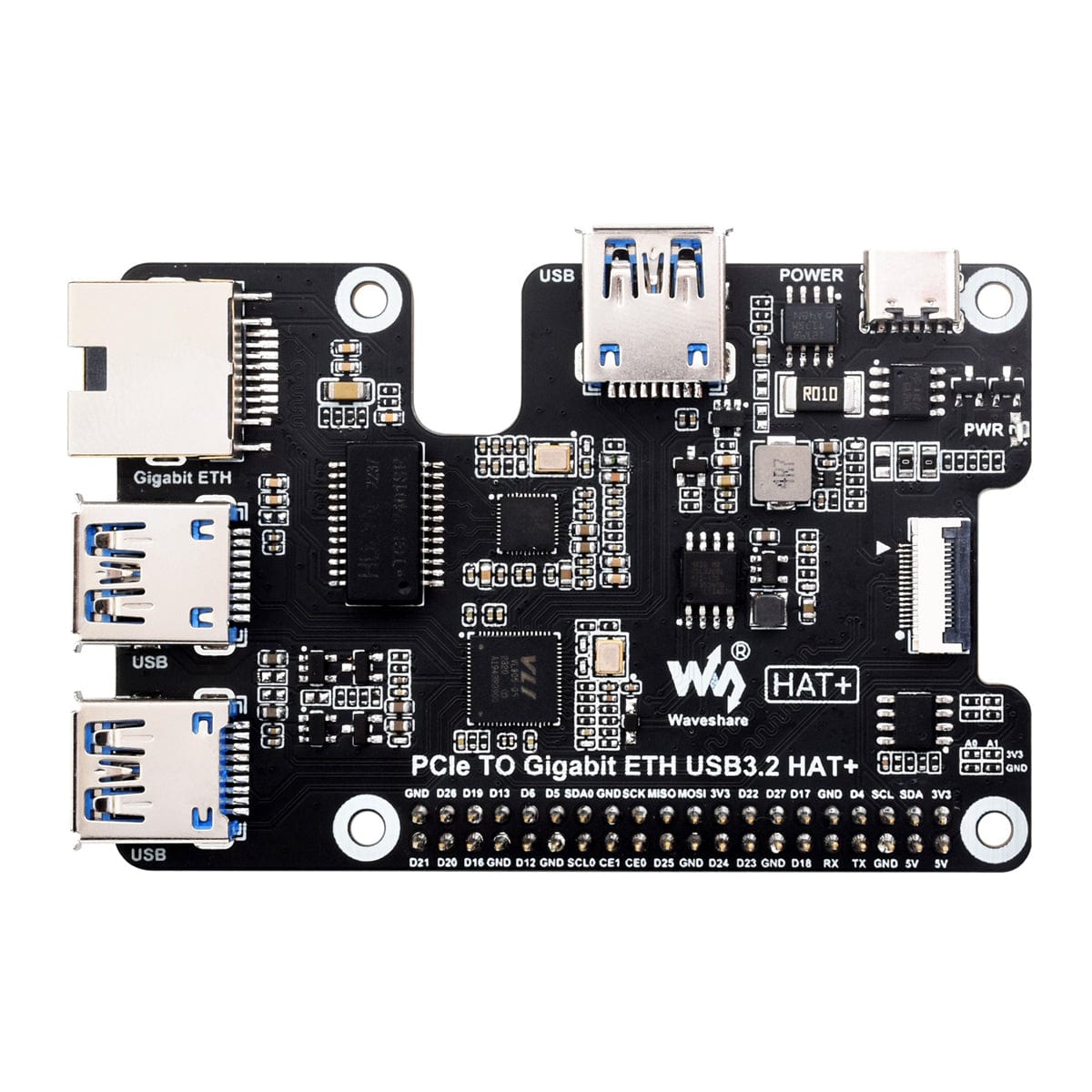 Gigabit Ethernet + 3x USB 3.2 PCIe HAT+ for Raspberry Pi 5 by Waveshare - The Pi Hut