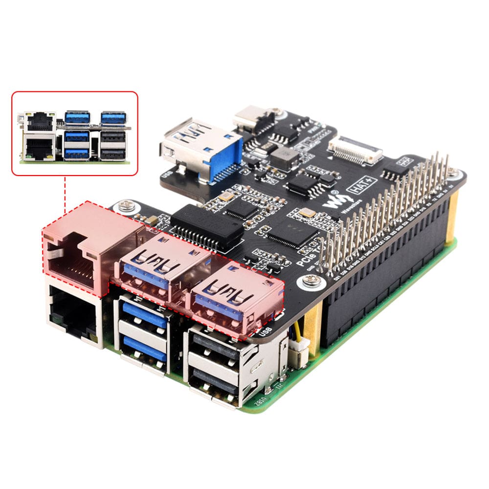 Gigabit Ethernet + 3x USB 3.2 PCIe HAT+ for Raspberry Pi 5 by Waveshare - The Pi Hut