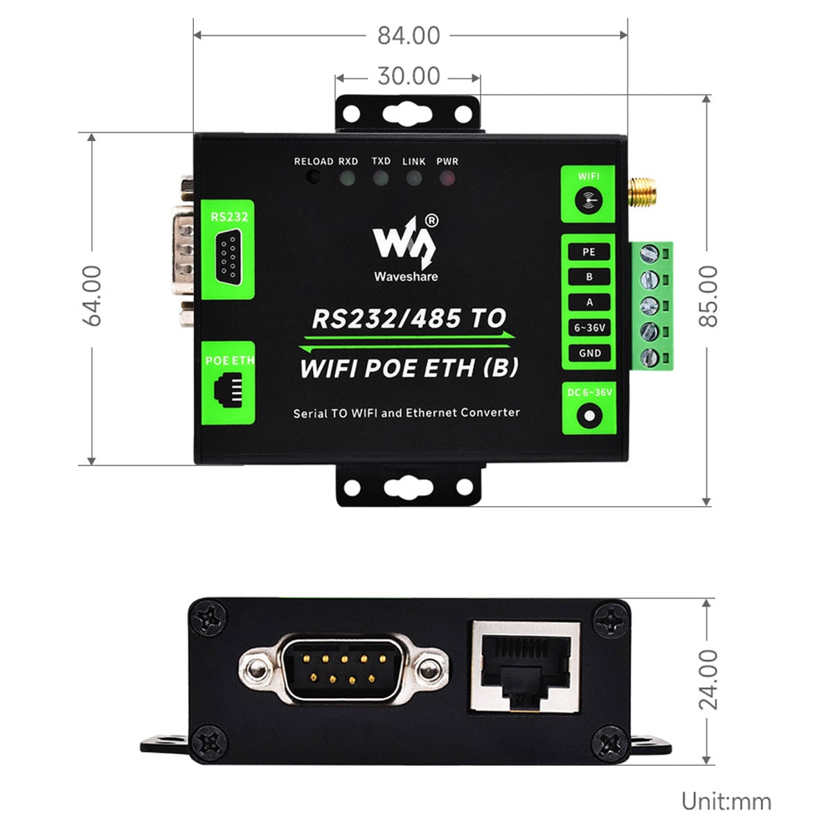 Industrial Grade Serial Server RS232/485 to WiFi and PoE Ethernet by Waveshare - The Pi Hut