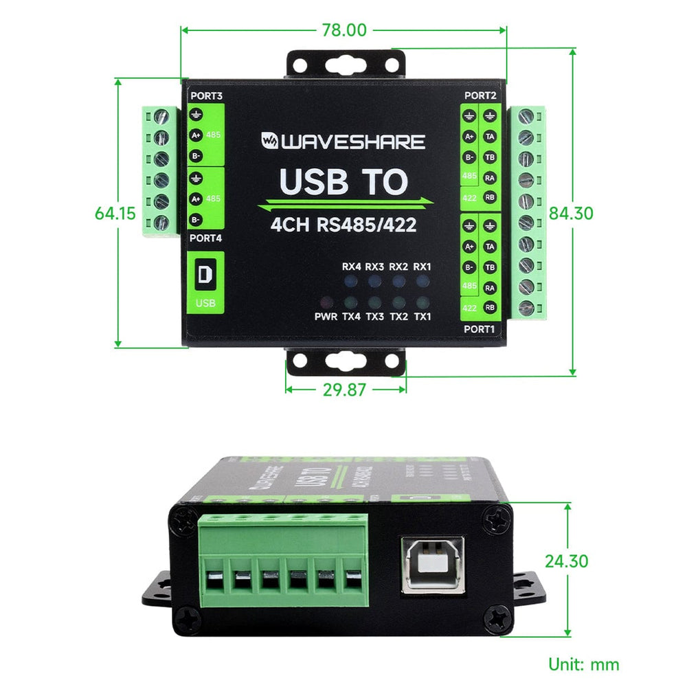 Industrial Isolated USB to 4-Channel RS485/422 Converter by Waveshare - The Pi Hut