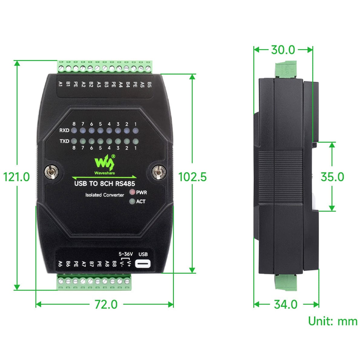Industrial USB To 8-Channel Converter RS485 Converter - The Pi Hut