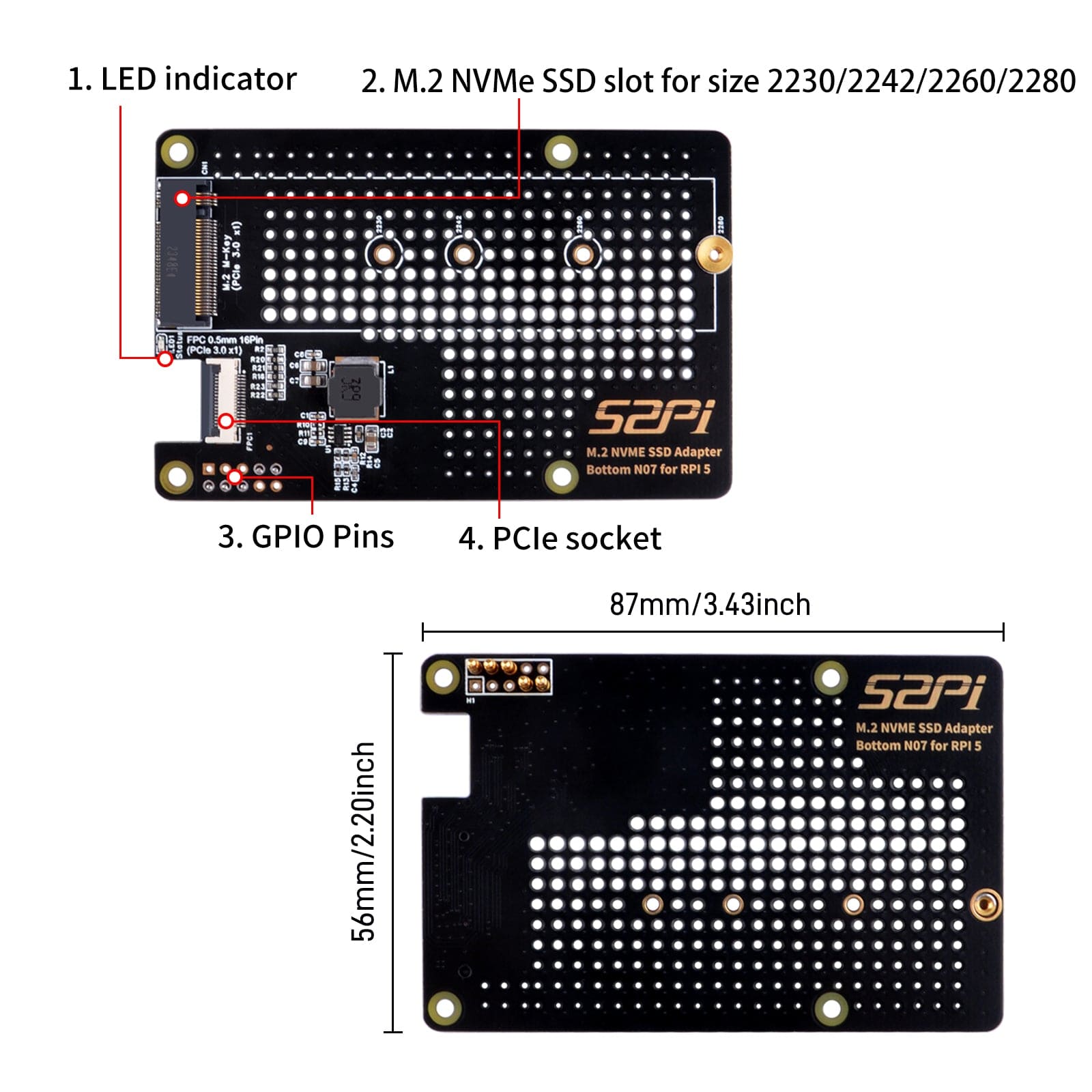 M.2 2280 NVMe PCIe Bottom for Raspberry Pi 5 (N07) by 52Pi - The Pi Hut