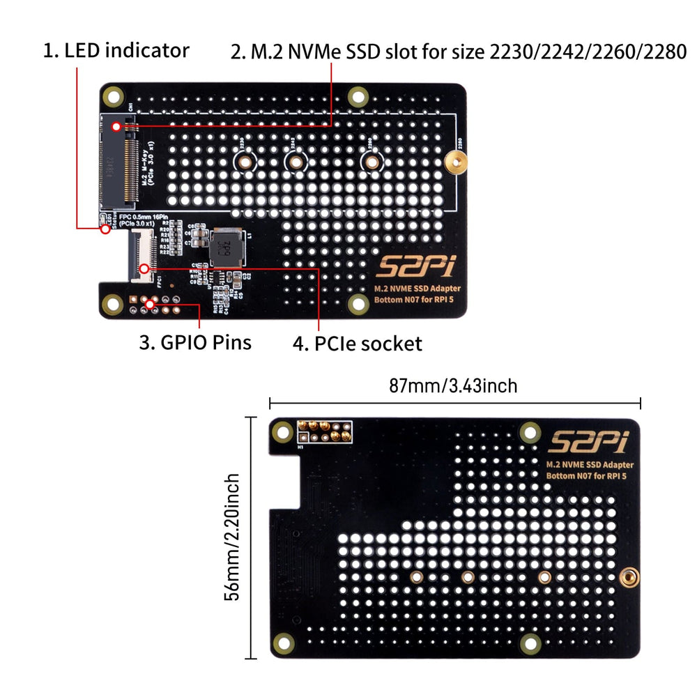 M.2 2280 NVMe PCIe Bottom for Raspberry Pi 5 (N07) by 52Pi - The Pi Hut