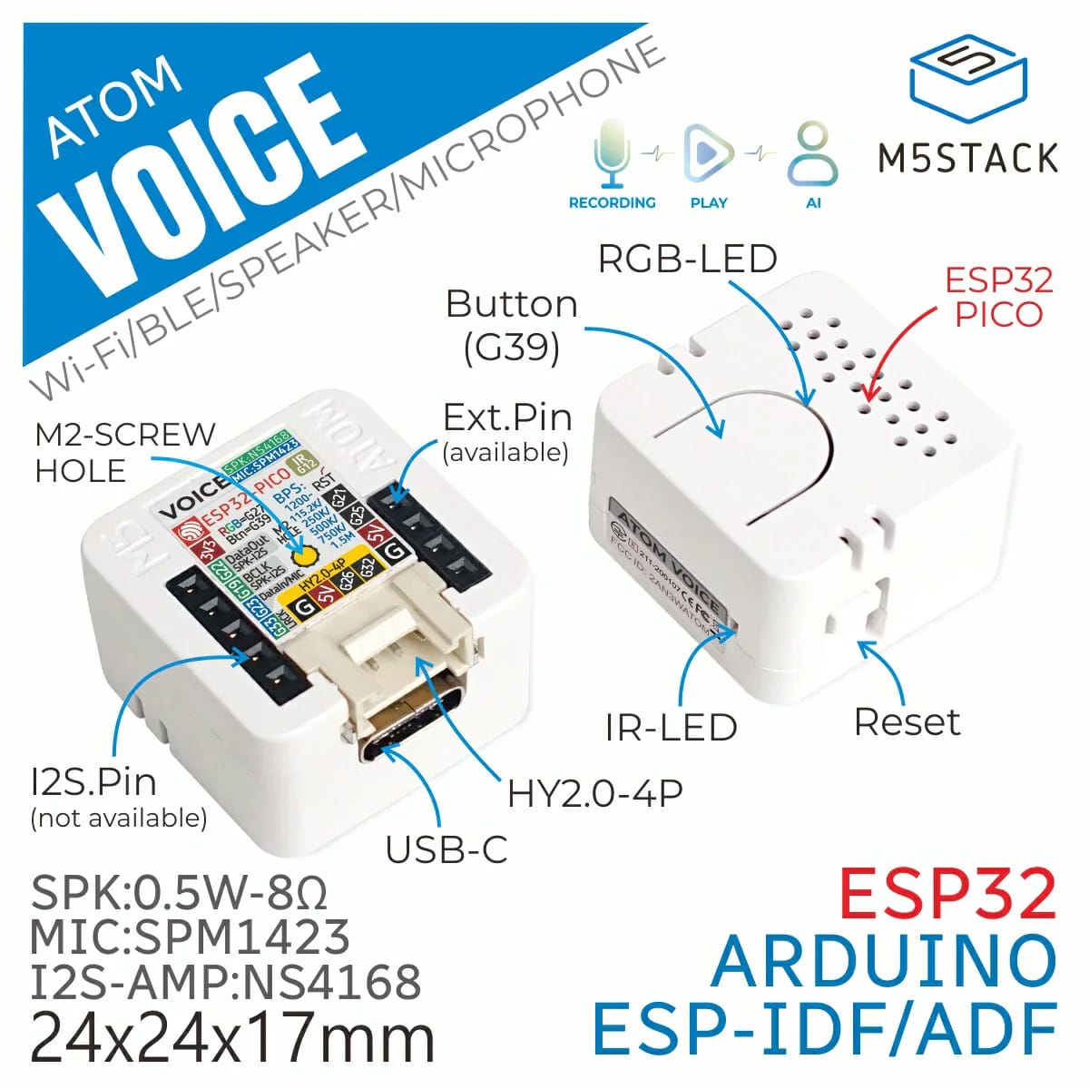 M5Stack ATOM Voice Smart Speaker Dev Kit by M5Stack - The Pi Hut
