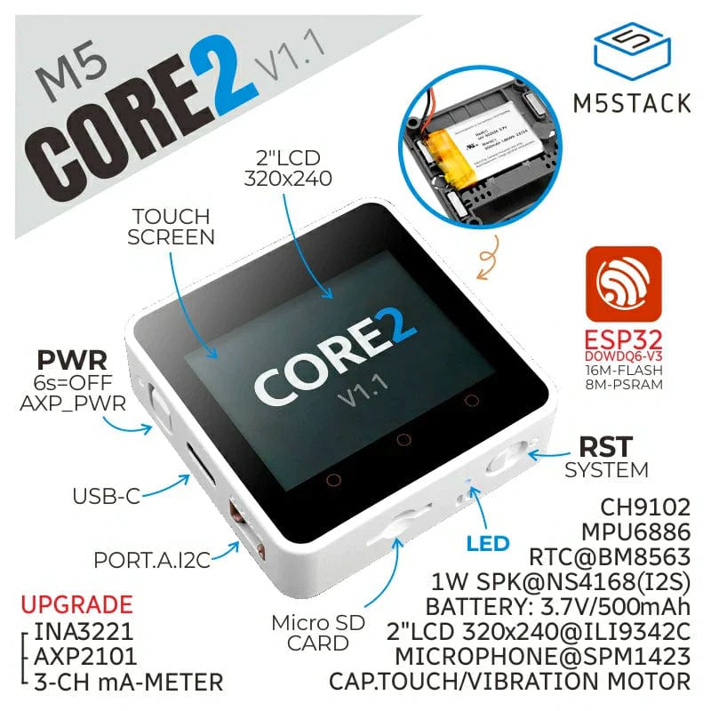 M5Stack Core2 v1.1 ESP32 IoT Development Kit - The Pi Hut