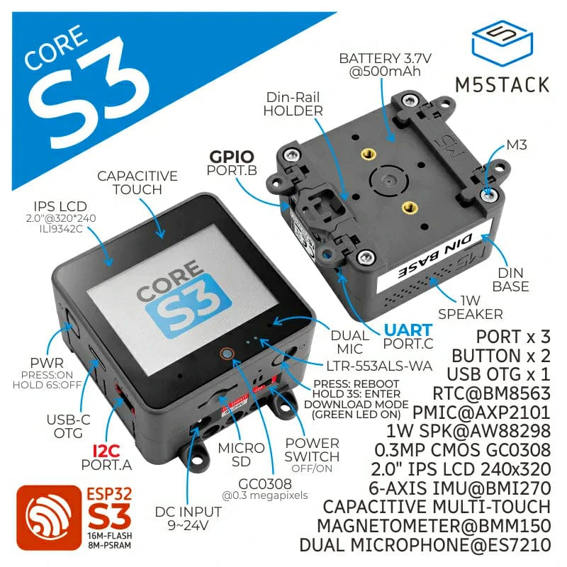 M5Stack CoreS3 ESP32S3 by M5Stack - The Pi Hut
