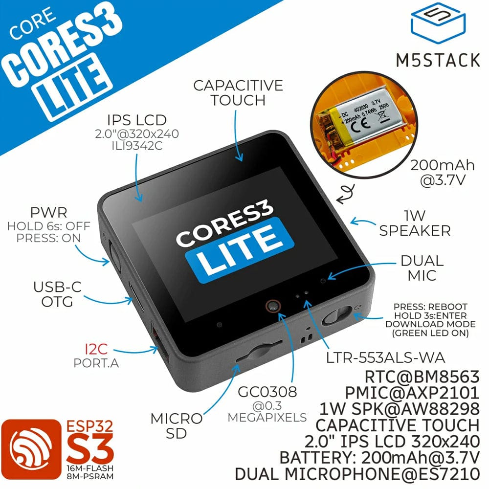 M5Stack CoreS3 Lite ESP32S3 IoT Dev Kit by M5Stack - The Pi Hut