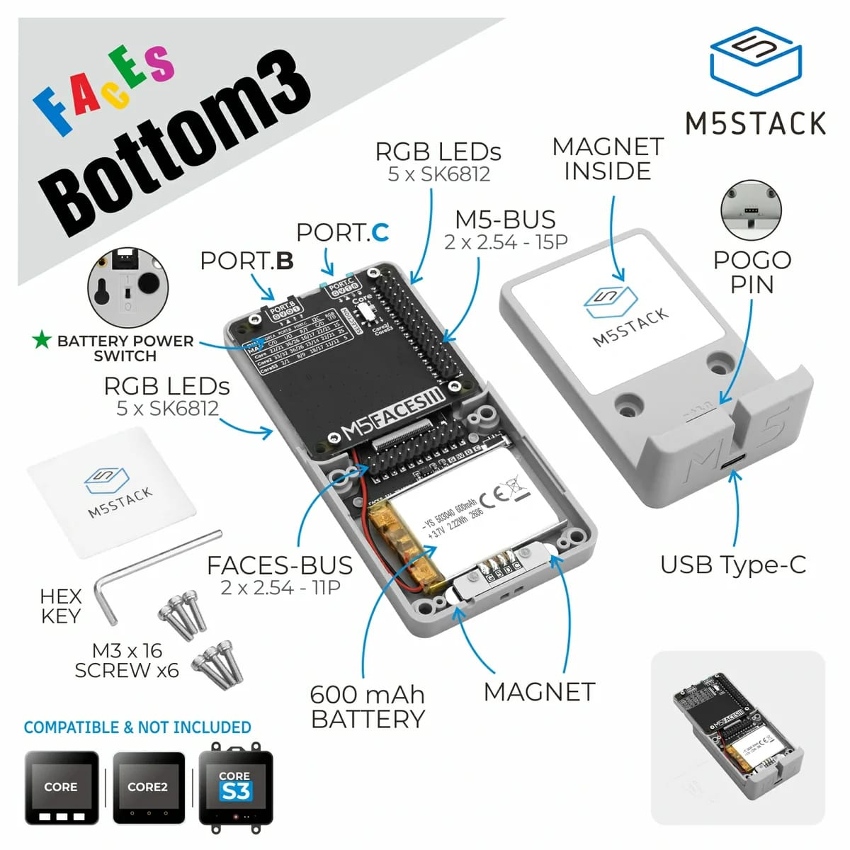 M5Stack Faces Bottom3 Board by M5Stack - The Pi Hut