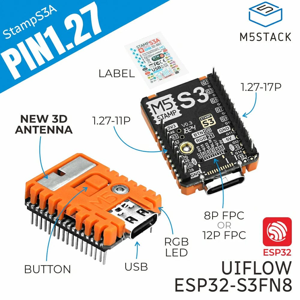 M5StampS3A with 1.27mm Header Pins by M5Stack - The Pi Hut