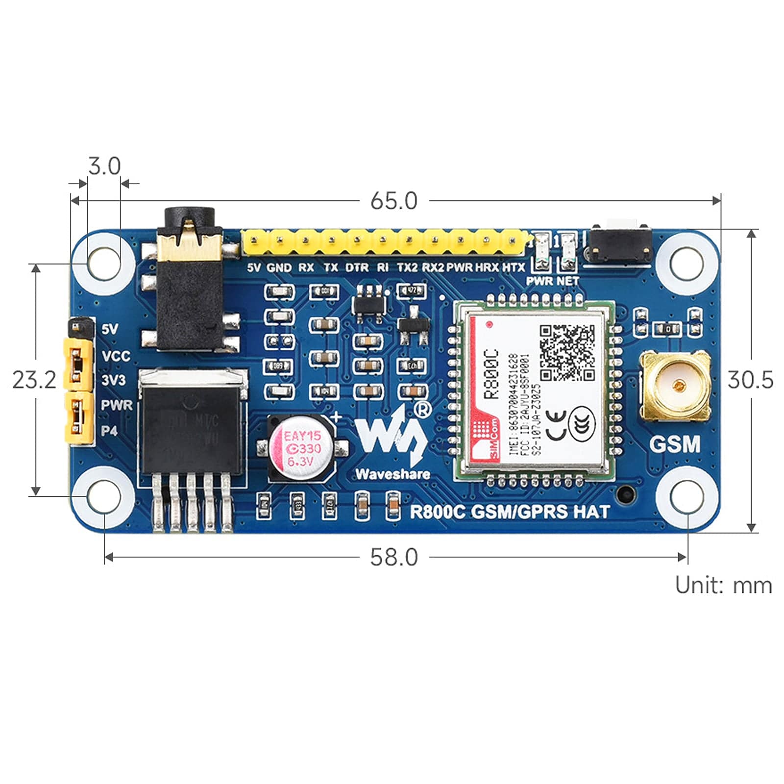 R800C GSM/GPRS HAT for Raspberry Pi by Waveshare - The Pi Hut