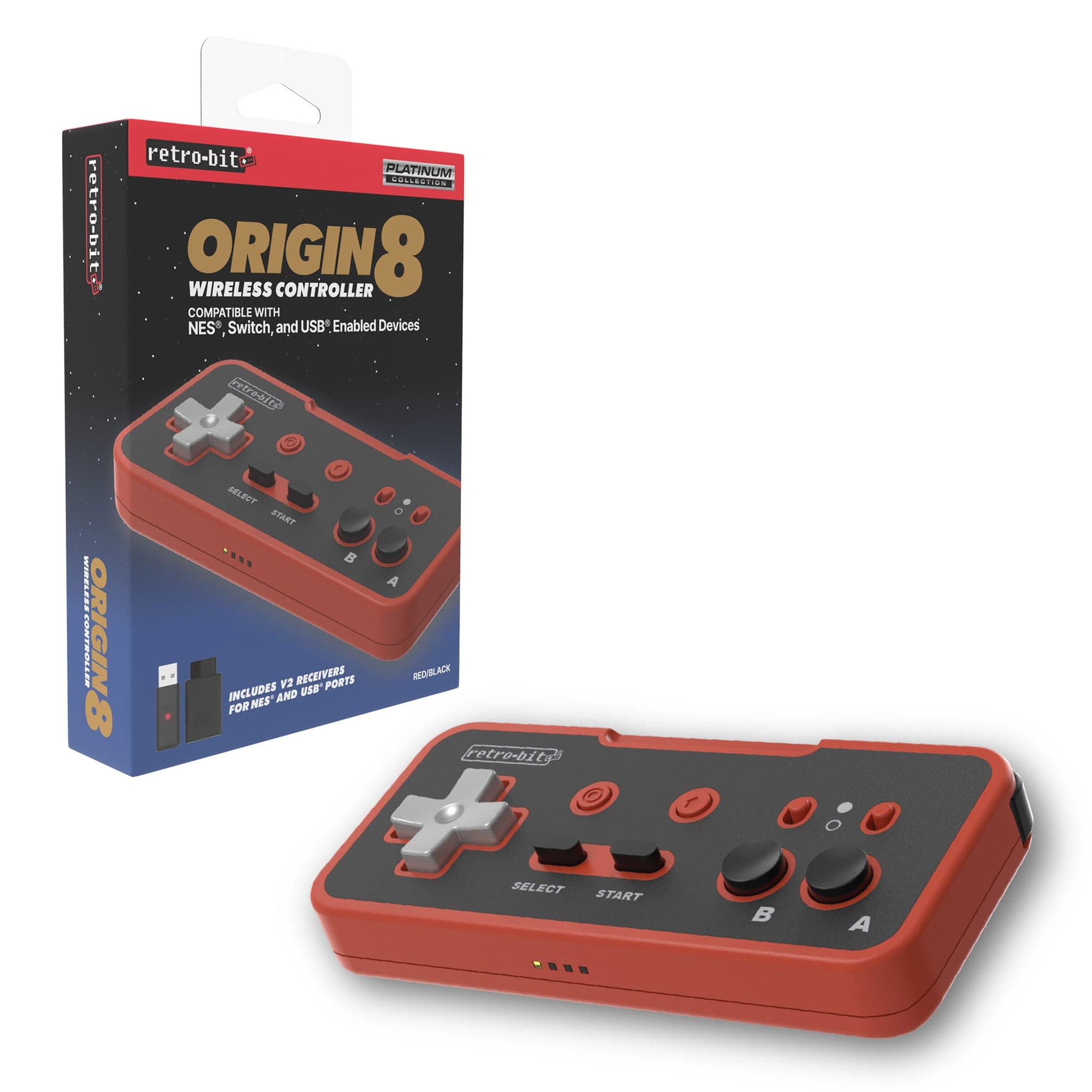 Retro-Bit Origin8 2.4Ghz Wireless Controller - Red & Black by Retro-Bit - The Pi Hut