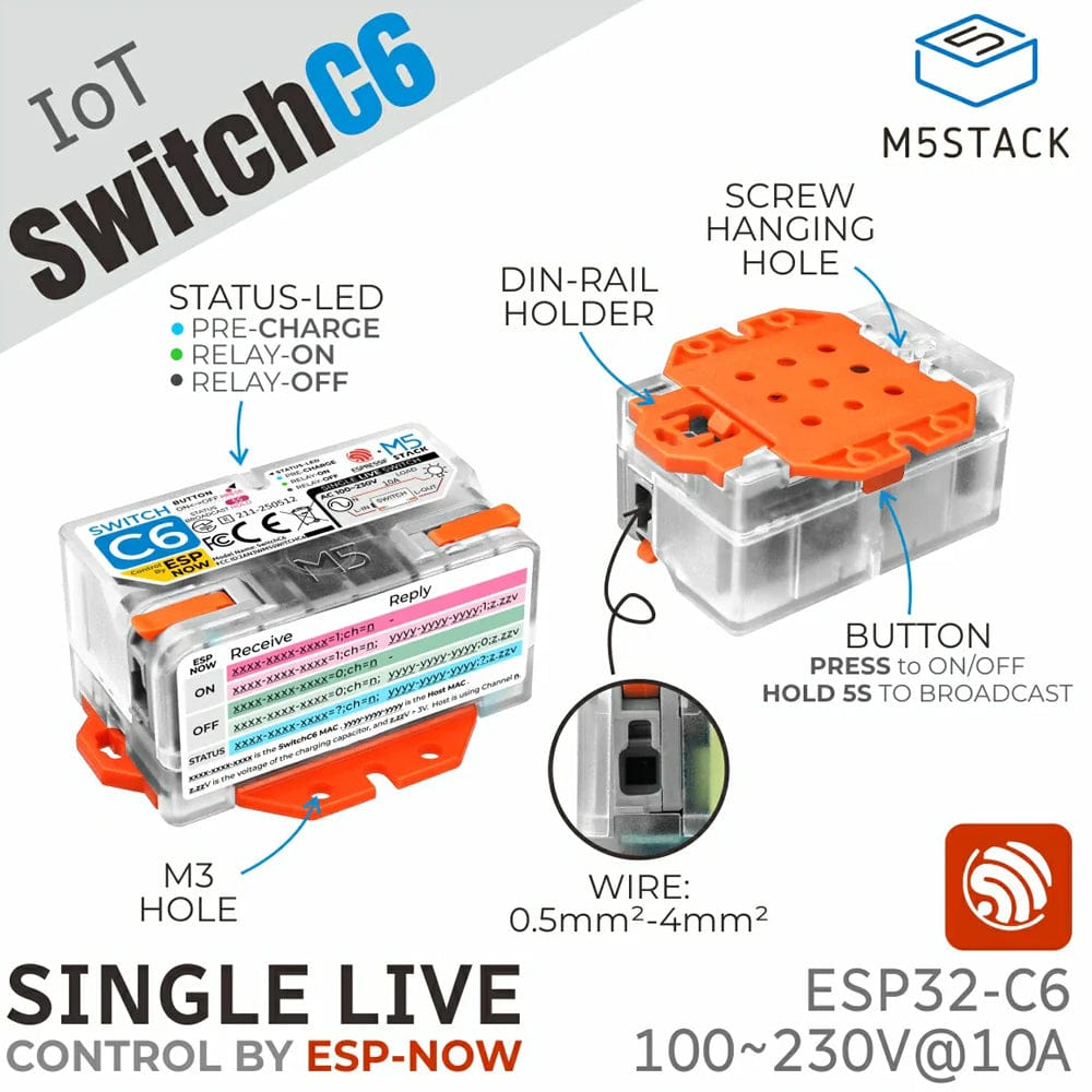 Single Live Wire Wi-Fi Smart Switch (ESP32-C6) by M5Stack - The Pi Hut