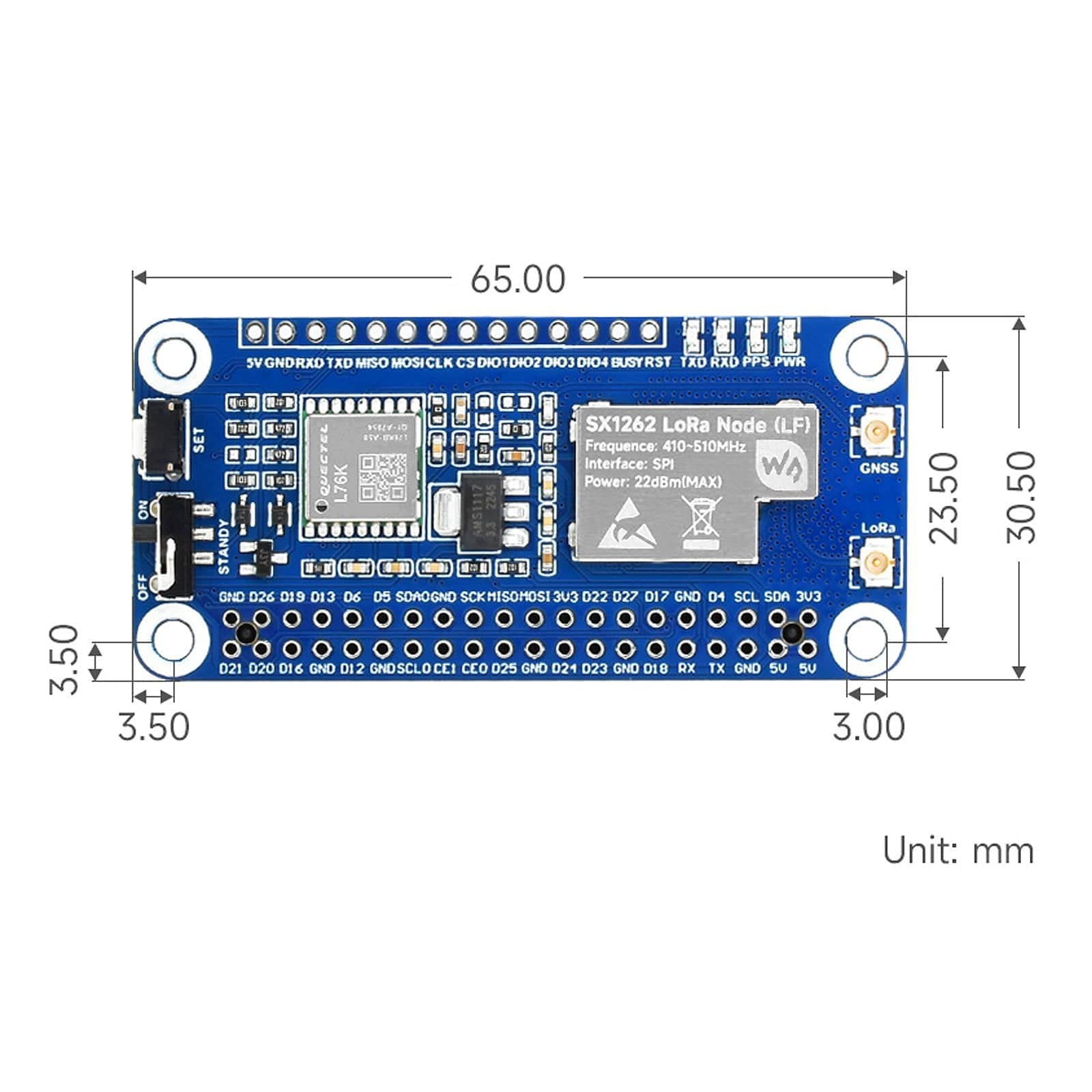 SX1262 LoRaWAN Node Module Expansion Board for Raspberry Pi (850~930MHz HF with GNSS) by Waveshare - The Pi Hut
