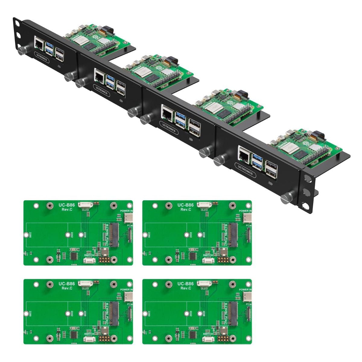 Uctronics Rack Basic for Pi 5 - 19" 1U Rack Mount with 4x M.2 Bases by Uctronics - The Pi Hut