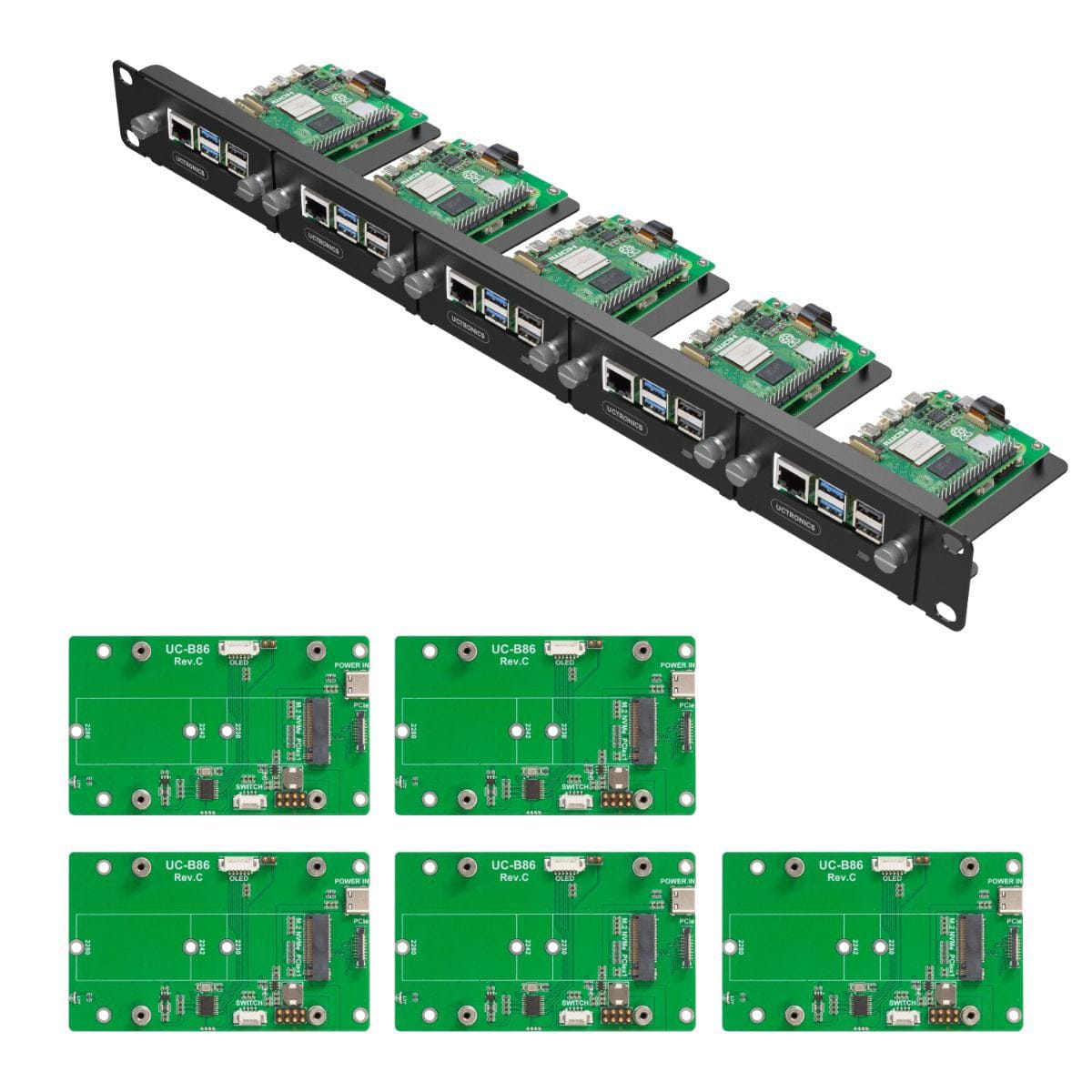 Uctronics Rack Basic for Pi 5 - 19" 1U Rack Mount with 5x M.2 Bases by Uctronics - The Pi Hut