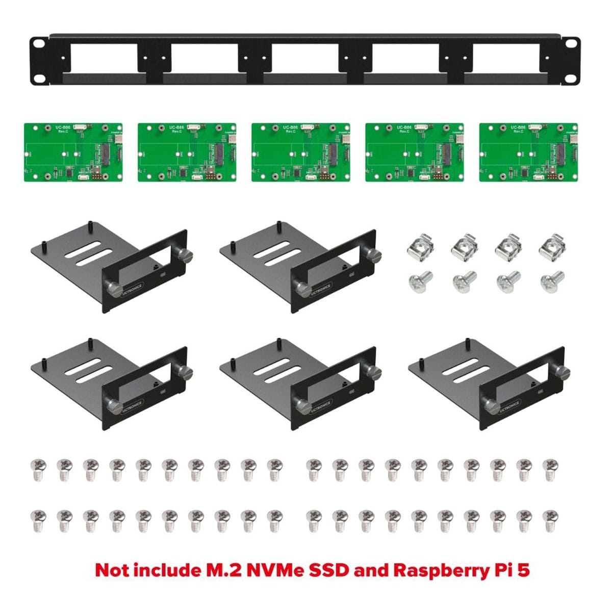 Uctronics Rack Basic for Pi 5 - 19" 1U Rack Mount with 5x M.2 Bases by Uctronics - The Pi Hut