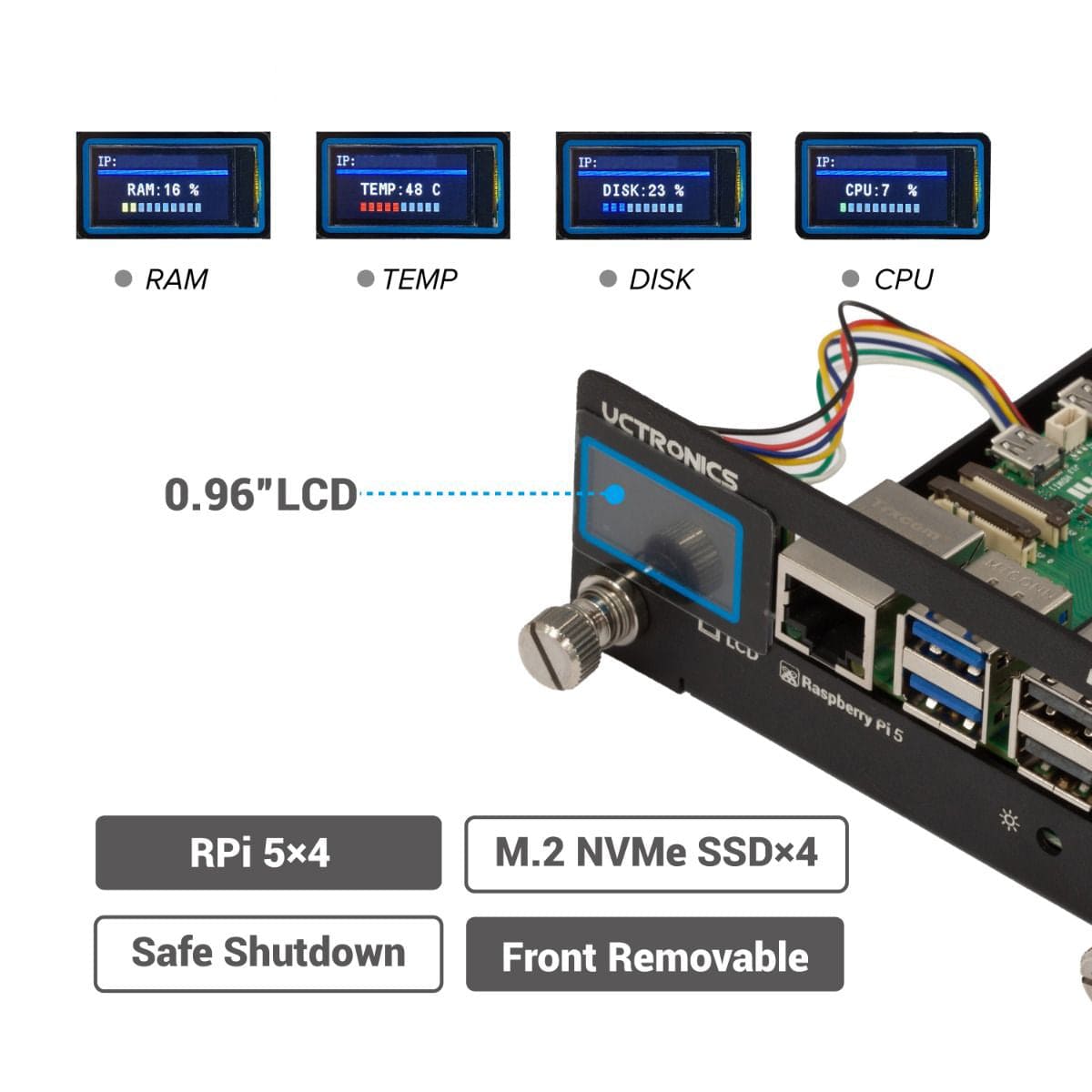 Uctronics Rack Pro for Pi 5 - 19" 1U Rack Mount with 4x M.2 Bases and LCDs by Uctronics - The Pi Hut