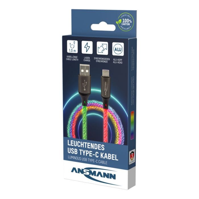 USB-A to USB Type-C cable with RGB LED Lighting (1m) by ANSMANN - The Pi Hut