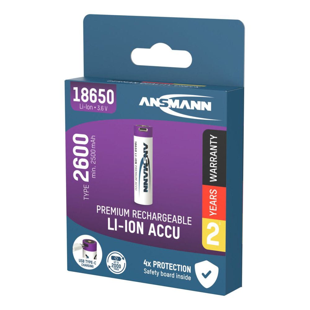 USB-C Rechargeable Lithium-ion 18650 Battery (3.6V, 2600mAh) by ANSMANN - The Pi Hut