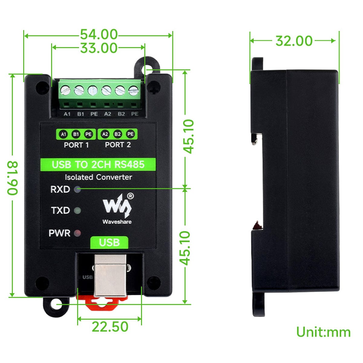 USB to 2-Channel RS485 Industrial Grade Isolated Converter - The Pi Hut