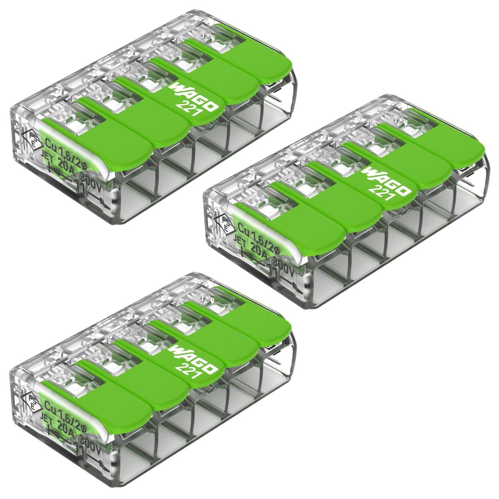 WAGO Green 221-425 32A 5-Way Lever Connectors - Pack of 3 by Wago - The Pi Hut