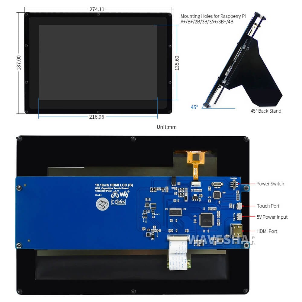 10.1" IPS HDMI 1280x800 Touch Screen & Case (USB) by Waveshare - The Pi Hut