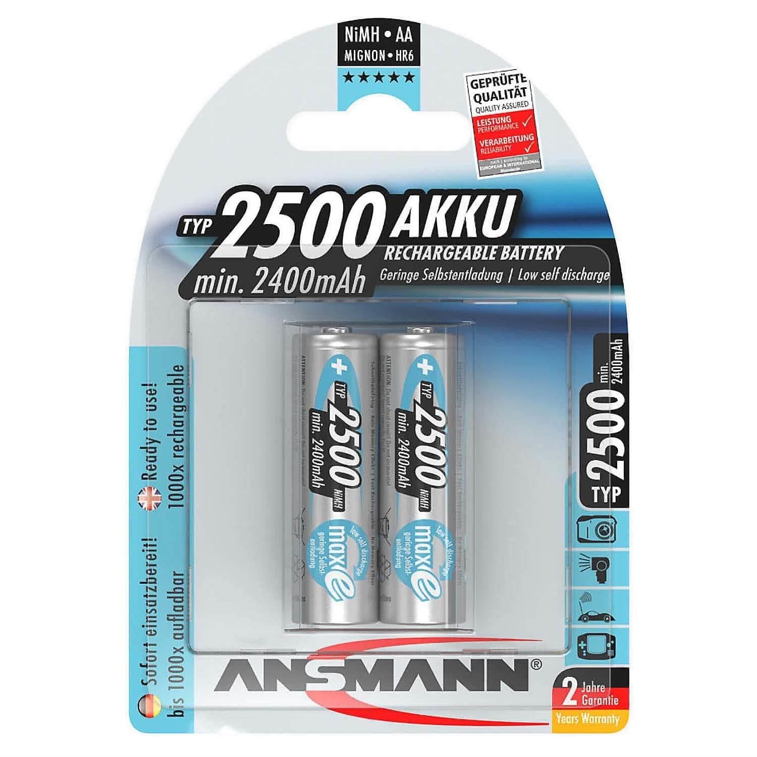 2500mAh NiMH Rechargeable AA Batteries (2-Pack) by ANSMANN - The Pi Hut
