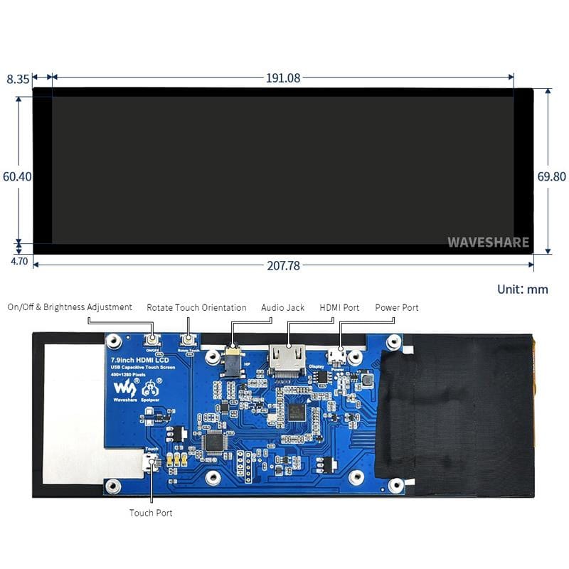 7.9" IPS Capacitive Touchscreen (400x1280) by Waveshare - The Pi Hut