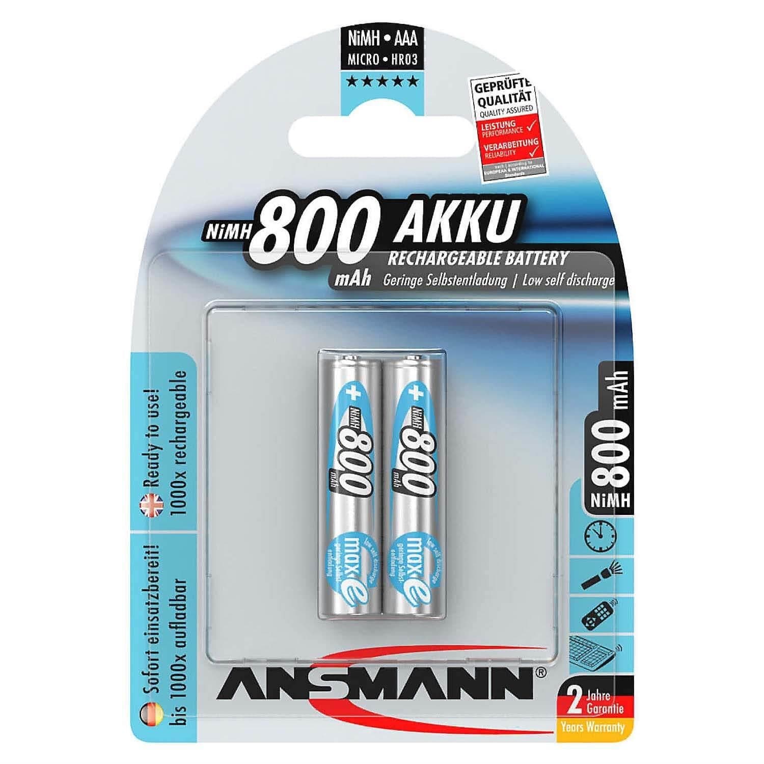 800mAh NiMH Rechargeable AAA Batteries (2-Pack) by ANSMANN - The Pi Hut