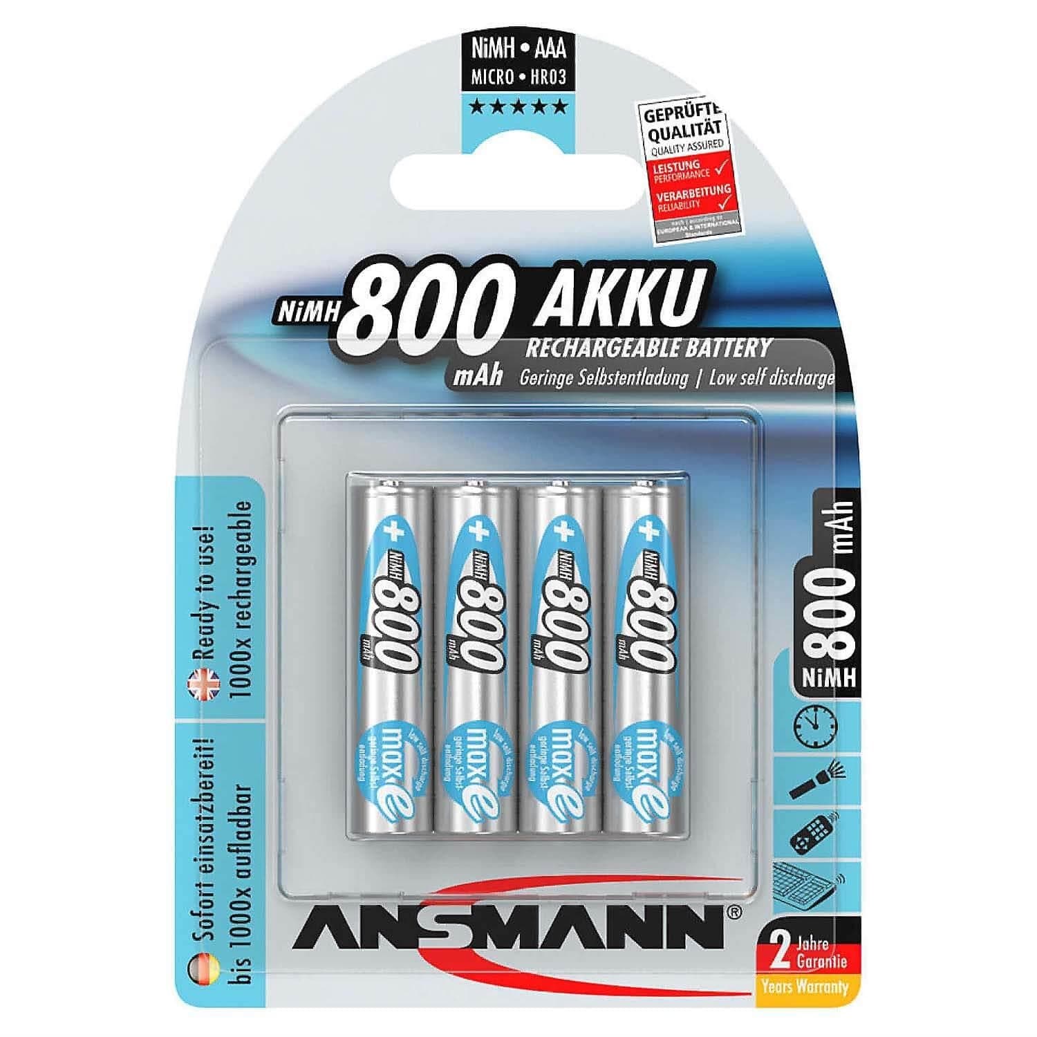 800mAh NiMH Rechargeable AAA Batteries (4-Pack) by ANSMANN - The Pi Hut