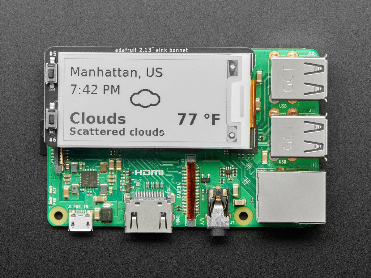 Adafruit 2.13" Monochrome E-Ink Bonnet for Raspberry Pi (THINK INK) by Adafruit - The Pi Hut