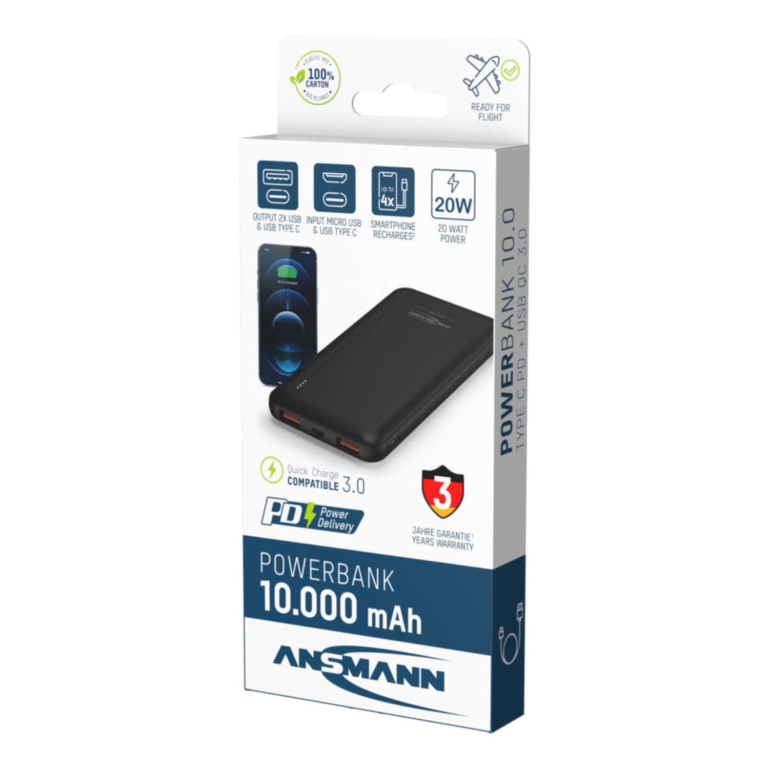 ANSMANN 10,000mAh Type-C 20W PD Power Bank - The Pi Hut