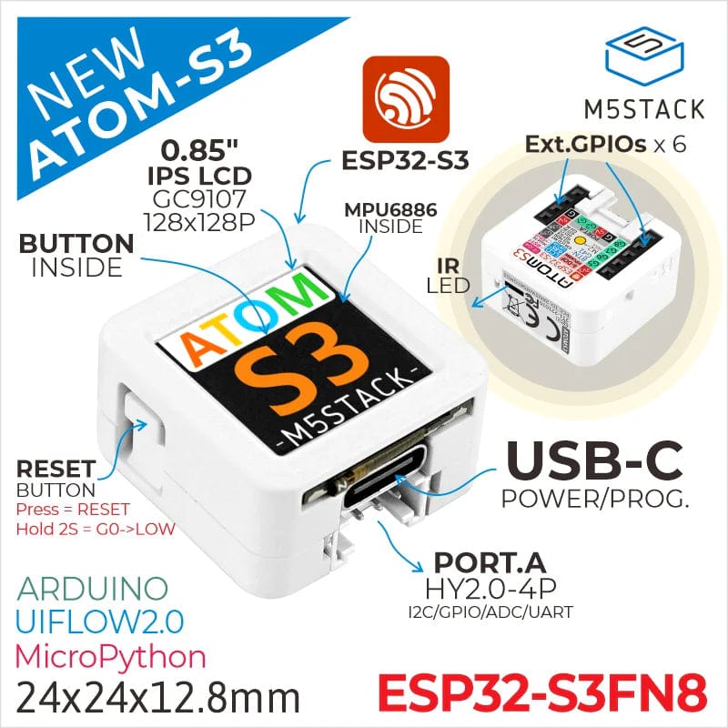 ATOMS3 Dev Kit with 0.85" Display by M5Stack - The Pi Hut
