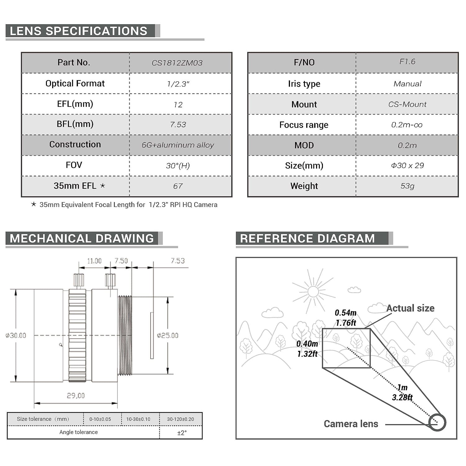 CS-Mount Lens for Raspberry Pi HQ Camera - 12mm Focal Length by Arducam - The Pi Hut